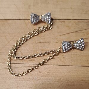 Gold Bow Chain Brooch with Rhinestones